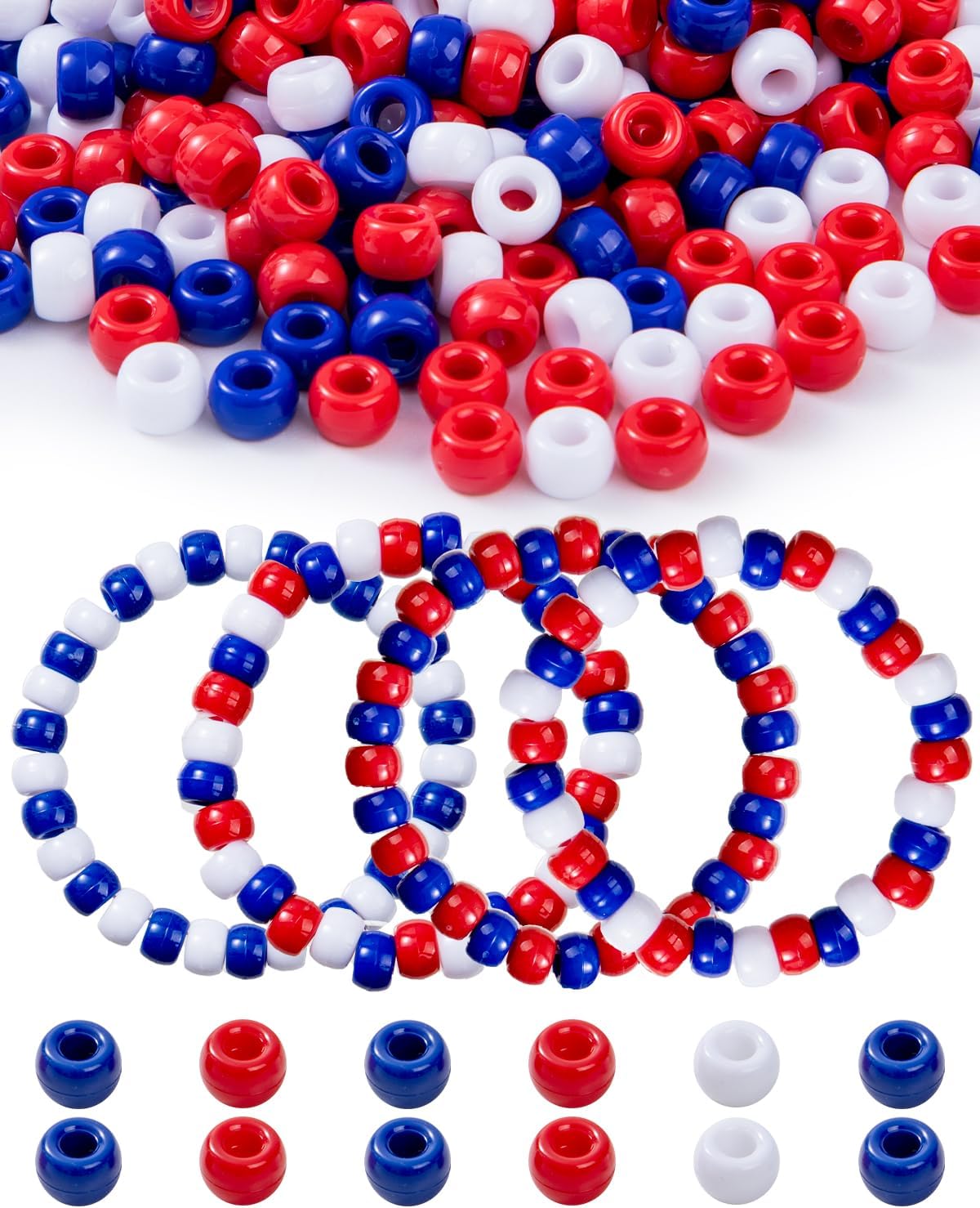 1000+ Pcs Patriotic Pony Beads - Red, White & Blue Kandi Beads for Bracelets & Hair
