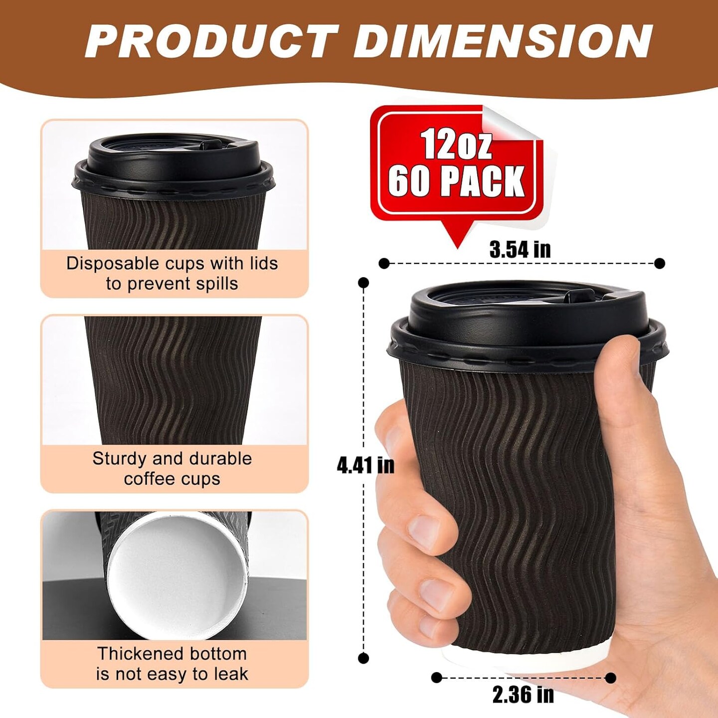 12 oz Coffee Cups with Lids, 60 Pack Insulated Corrugated Paper Cups, Disposable Coffee Cups for Water, Juice, Coffee (Black 12 oz)