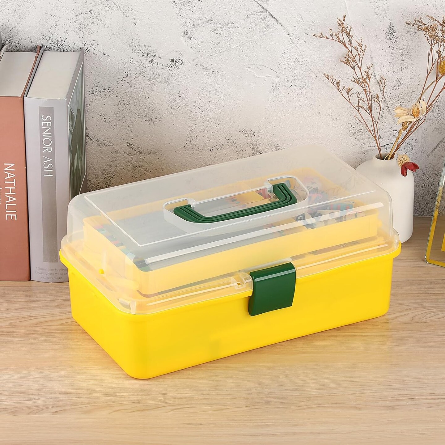 3-Layer Plastic Dividing Storage Box Craft Organizer with Adjustable Spacers Portable Handled Art Supply Organizer Multipurpose Home Utility Box for Sewing (Yellow+Green)