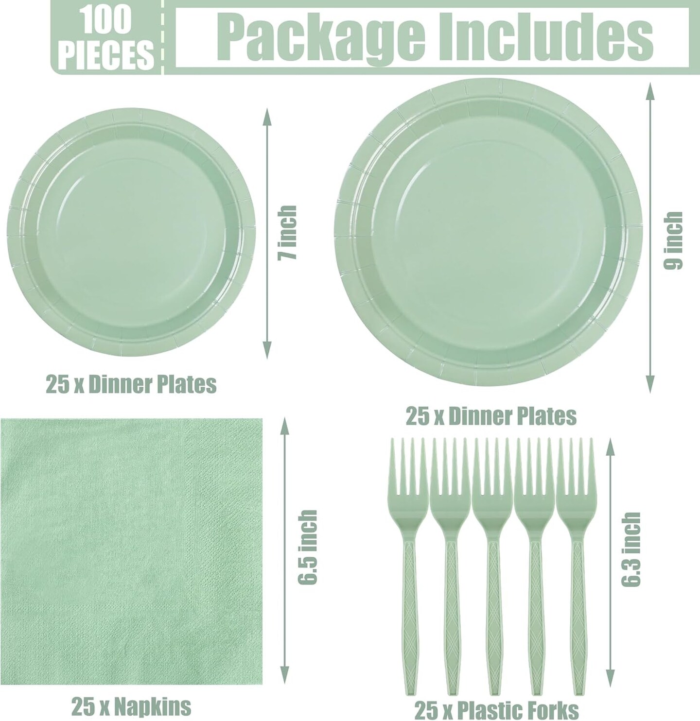 100 Count Sage Paper Plates and Napkins - Green Party Tableware Set - Disposable Plates, Napkins and Forks for Wedding, Birthday, Bridal Shower, Baby Shower - Serve 25