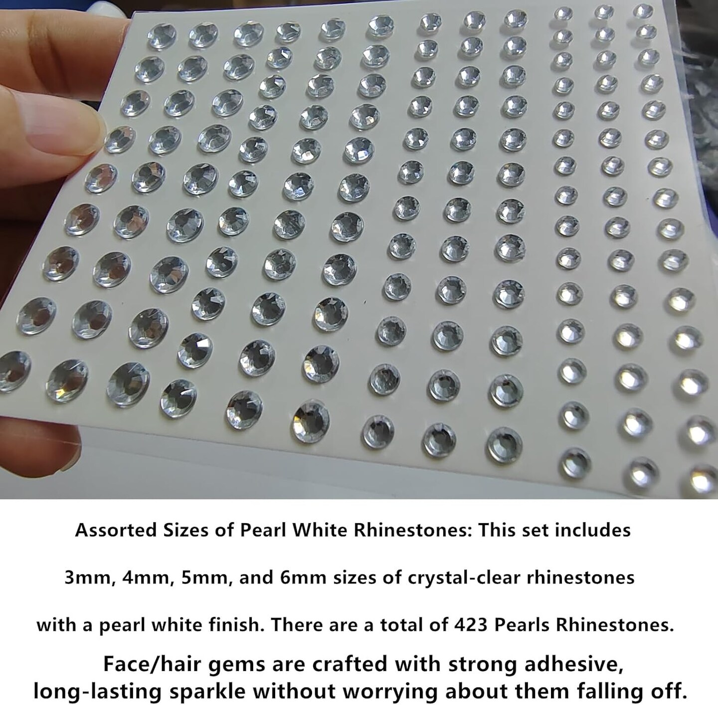 3 Sheets of Self-Adhesive Face/Hair Gems – Rhinestones, Eye Gems, Diamonds, and Crystals Stick-on Hair Jewels, Perfect for Singer Concerts, Festival Rave Accessories, and Face Jewels (White Rhinestone Stickers)