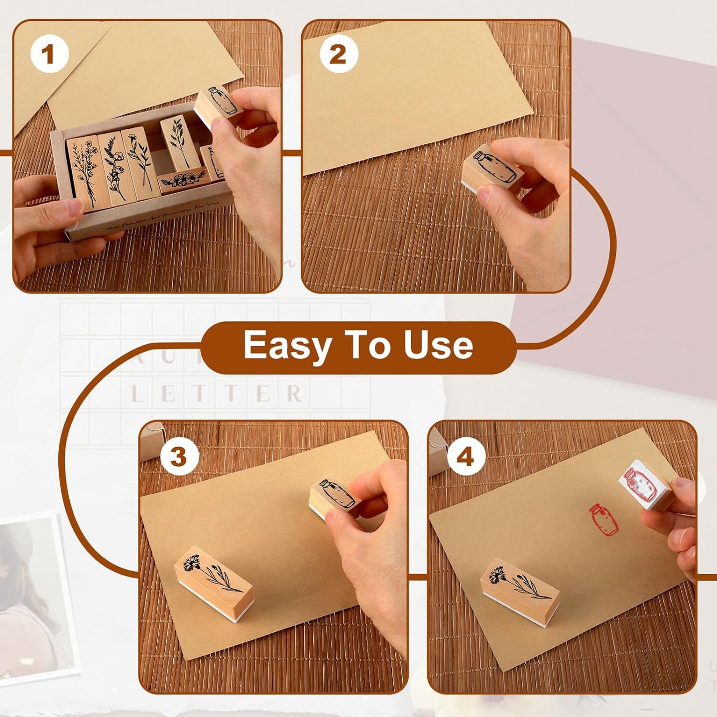 8 Pcs Vintage Wooden Rubber Stamps for Crafting Plant Stamps Flower Stamps Floral Stamps Decorative Stamps Set