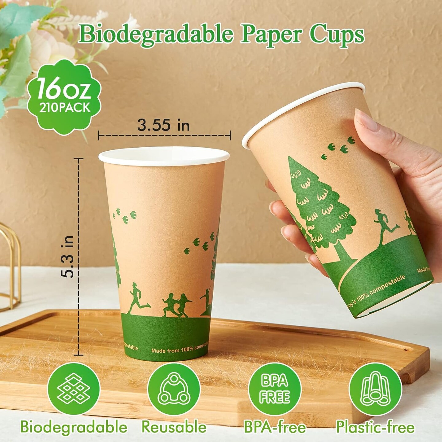 210 Count 16 oz Paper Cups, 100% Compostable Paper Coffee Cups with PLA Lined, Disposable Biodegradable Hot Paper Cups for Party, Picnic, Travel, and Events