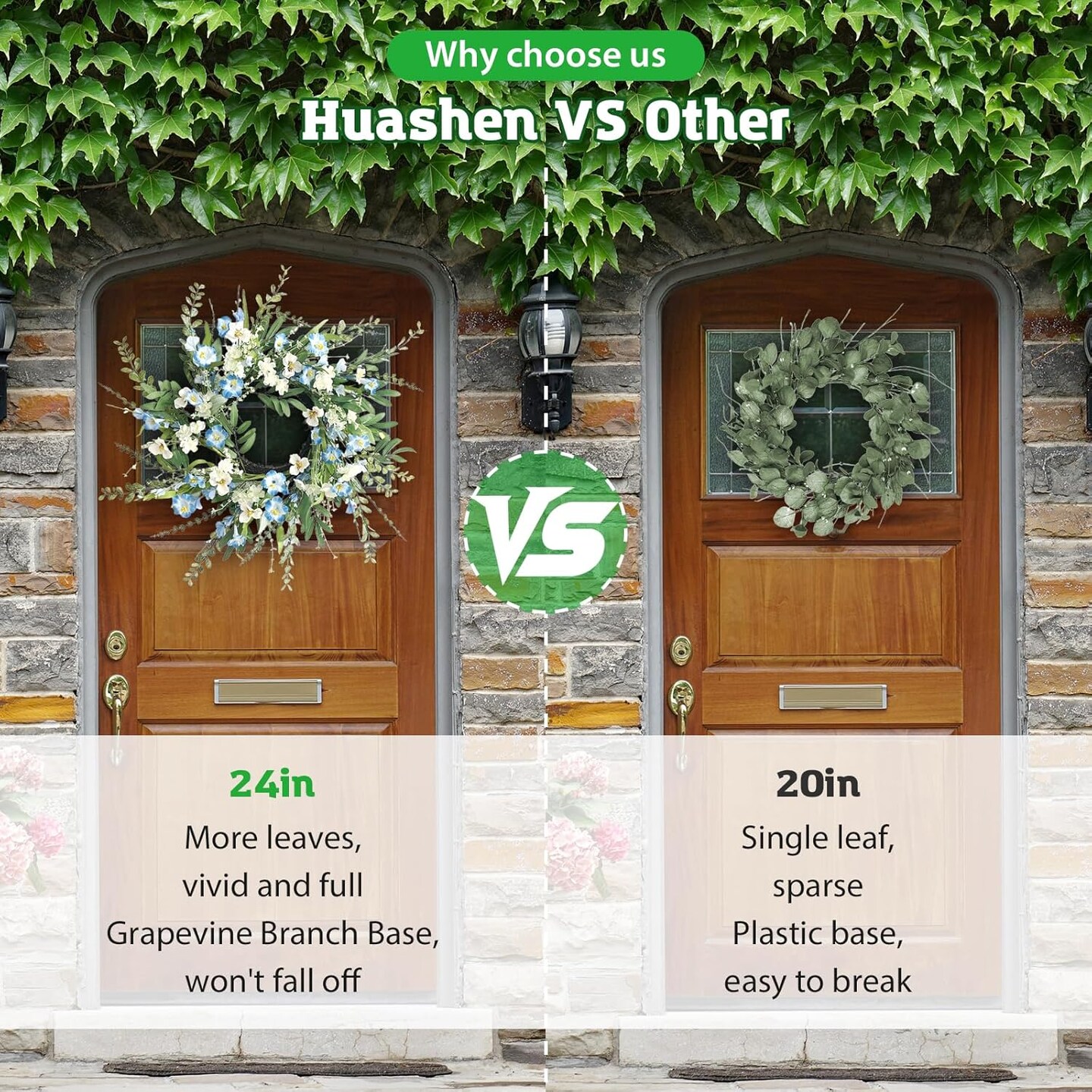 Spring Summer Wreaths for Front Door, 24 Inch Summer Wreath with Blue White Wildflower, Wreath for Farmhouse Outdoor Porch Home Wall