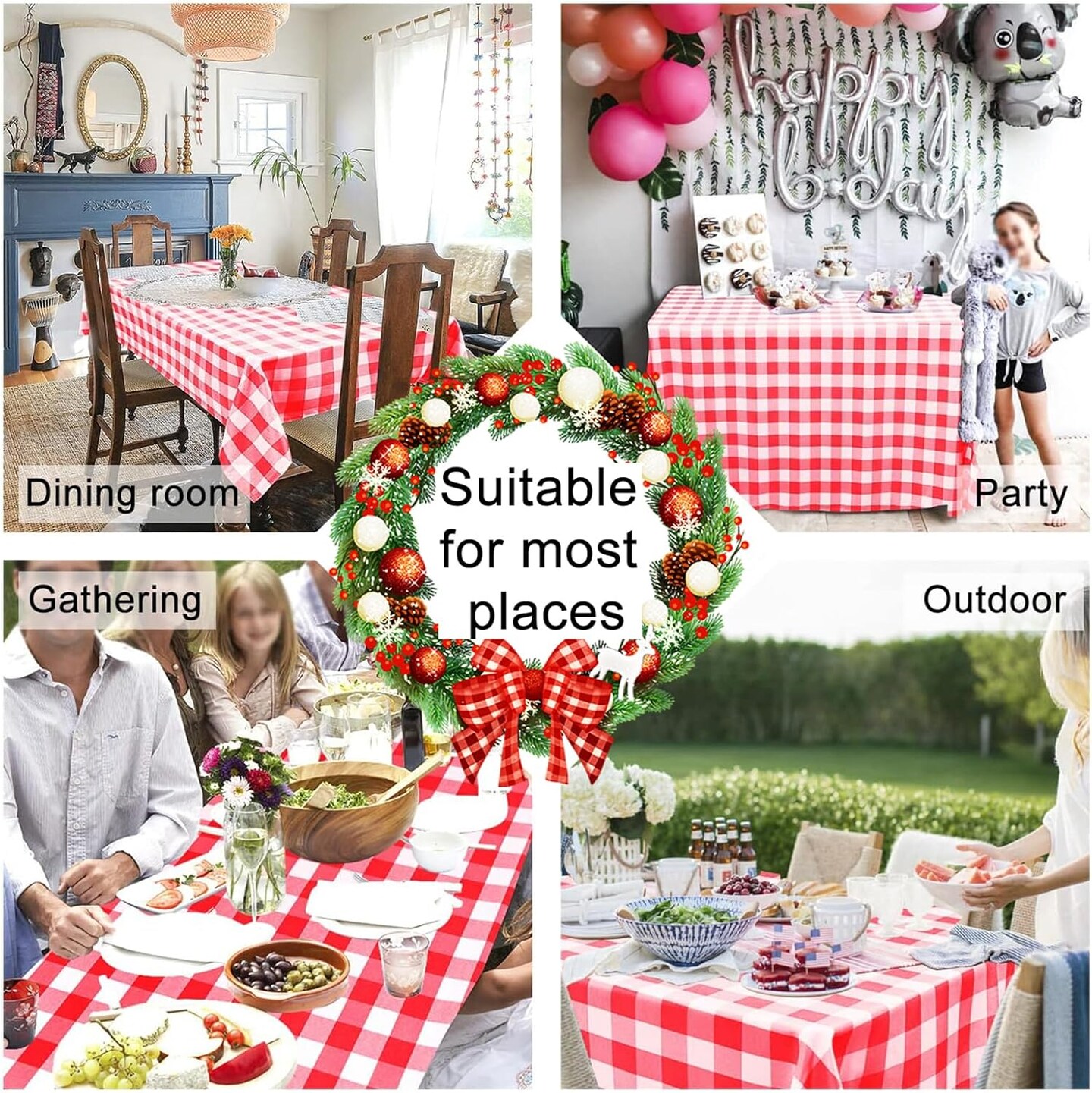 Red and White Checkered Rectangle Tablecloth – Stain-Resistant, Waterproof & Washable Plaid Table Cover for Picnic, Holiday Dinners and Kitchen, 60 x 120 Inches