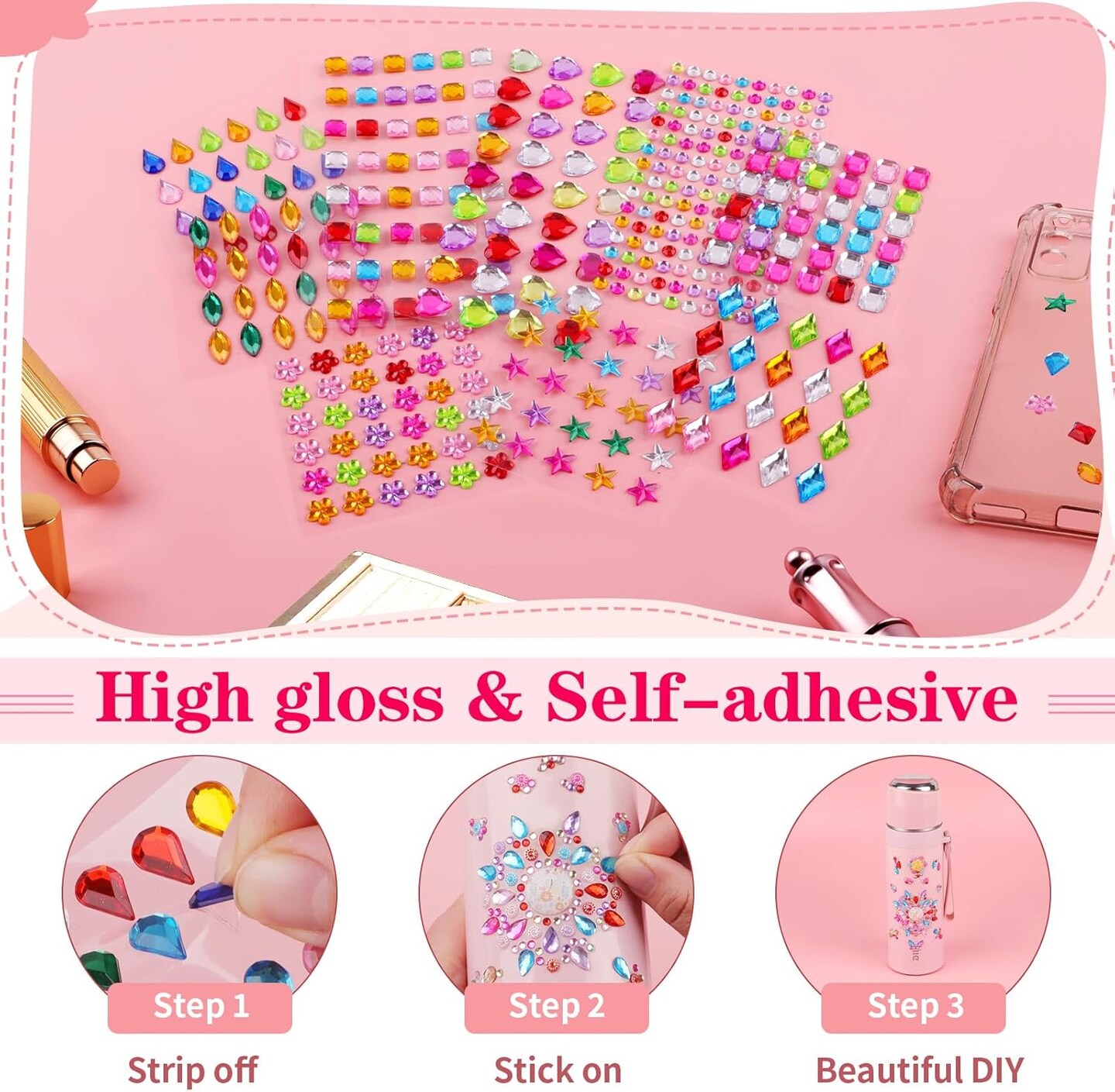 407 Pcs Gem Stickers for Crafts – Self-Adhesive Jewel Stickers, Acrylic Bling Stick-on Gems, Big Rhinestone Stickers for DIY Crafts, Decorating, and Kids' Craft Projects (Multicolor)