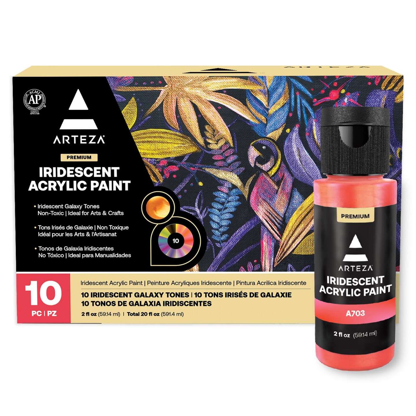 Iridescent Acrylic Paint Set, 10 Galaxy Tones, 60 ml / 2 fl oz Bottles, Shimmer Water-Based Paints for Canvas, Wood, Rocks, Fabric, Paper, and Mixed Media