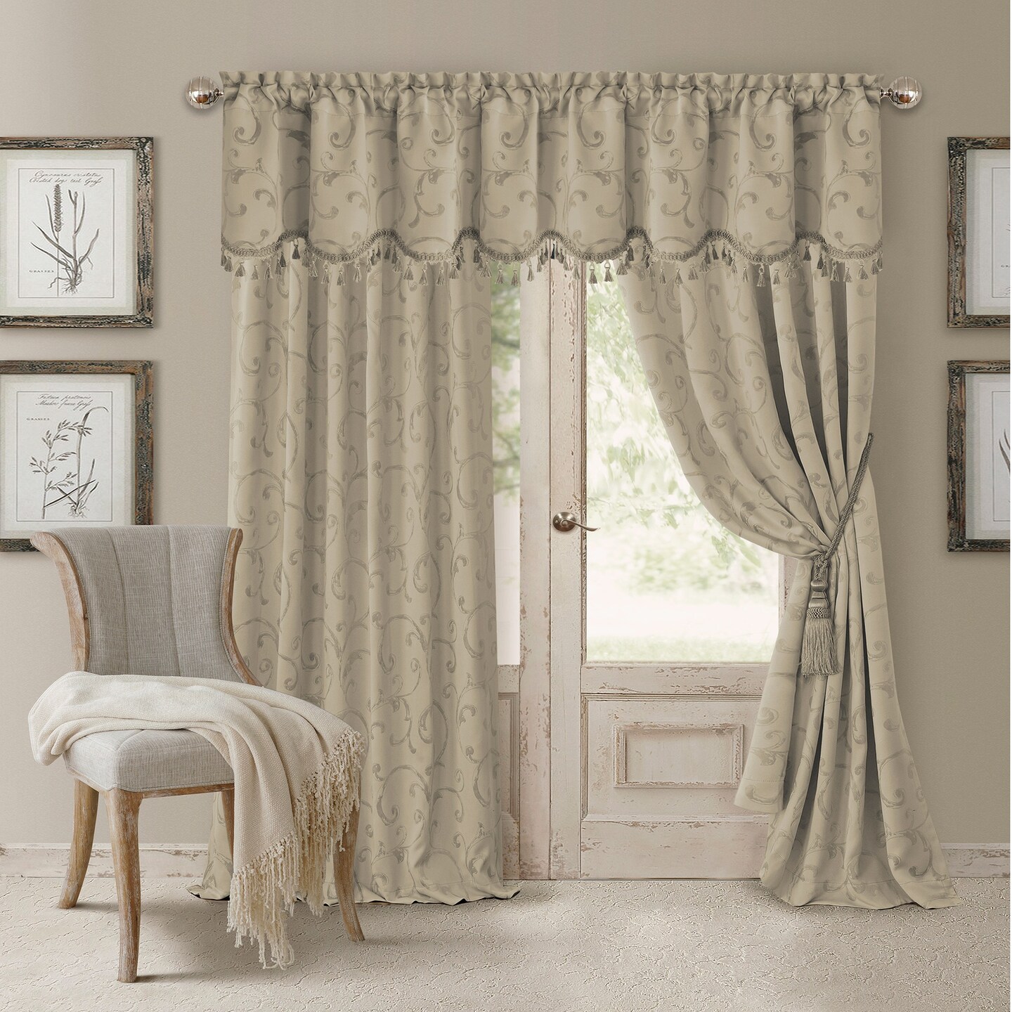 Threadmade Home Mia Jacquard Scroll Blackout Window Curtain, Natural - 52"W x 84"L