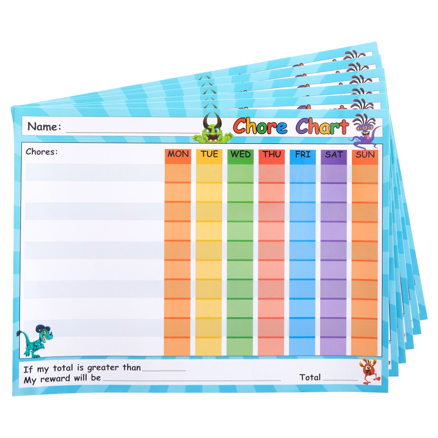 Juvale 6 Pack Dry Erase Chore Chart for Kids Ages 3-14, Reusable Behavior Reward Board with Stick-On Backing for Classroom, Monster Designs (14.5 x 11 In)