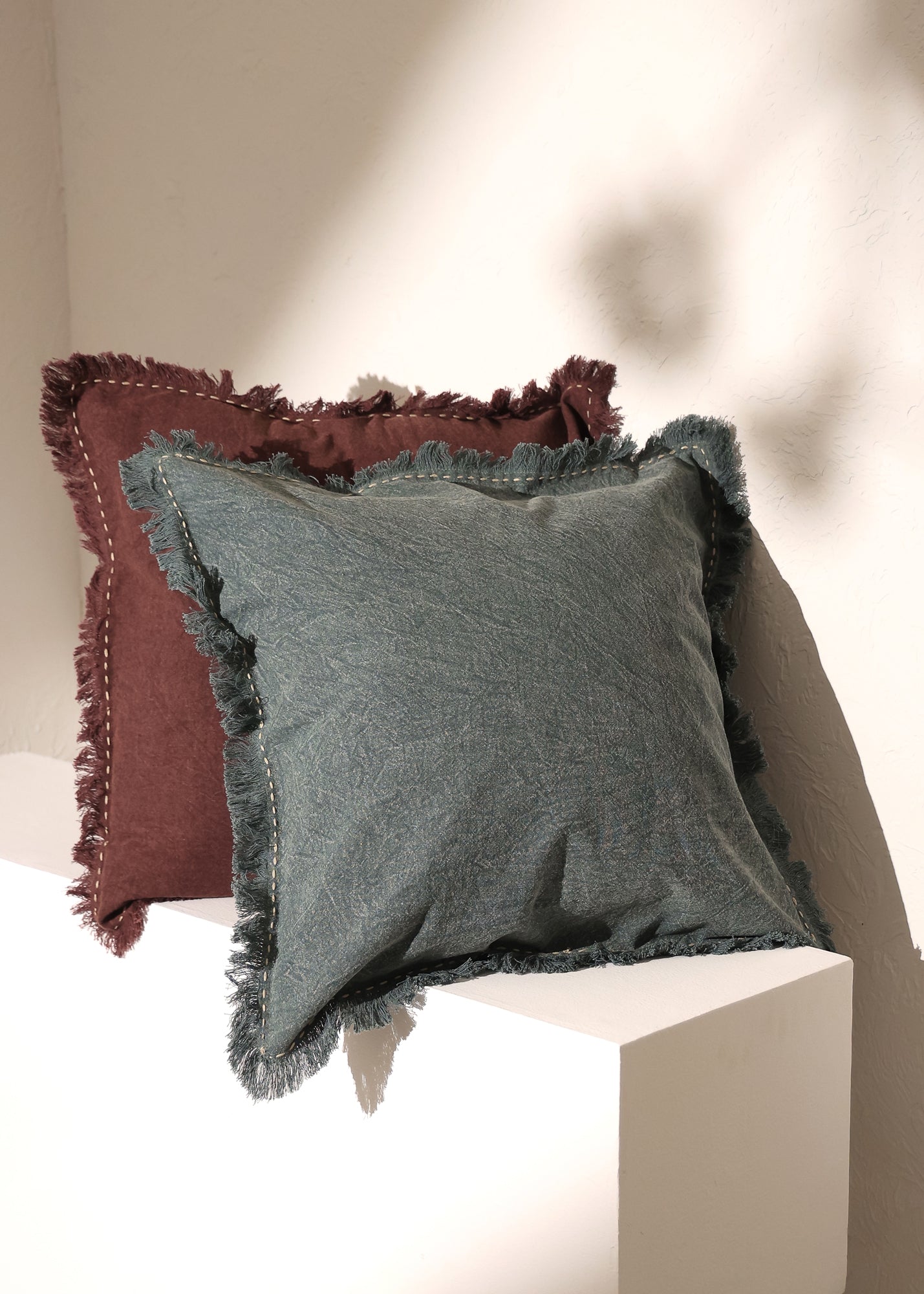 Stonewashed Linen Throw Pillow with Handworked Edges &#x26; Fringe - 22&#x22; x 22&#x22;