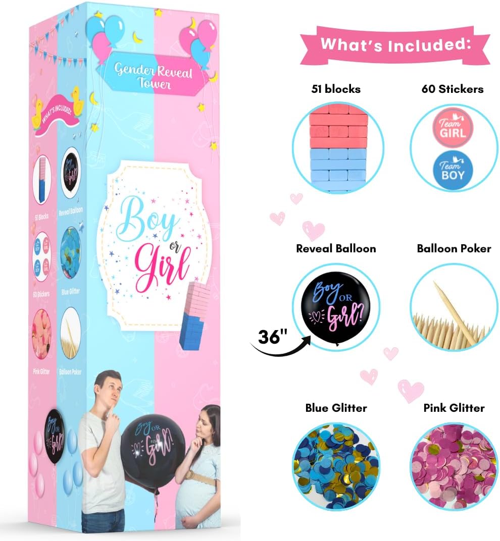 Gender Reveal Game &#x2013; Baby &#x26; Pregnancy Party Ideas With Gender Reveal Balloon &#x26; Poker, 51 Pink &#x26;&#x202F;Blue Wooden Blocks, Team Boy&#x202F;or&#x202F;Girl Stickers, Glitter | Baby Shower Games &#x26; Decorations