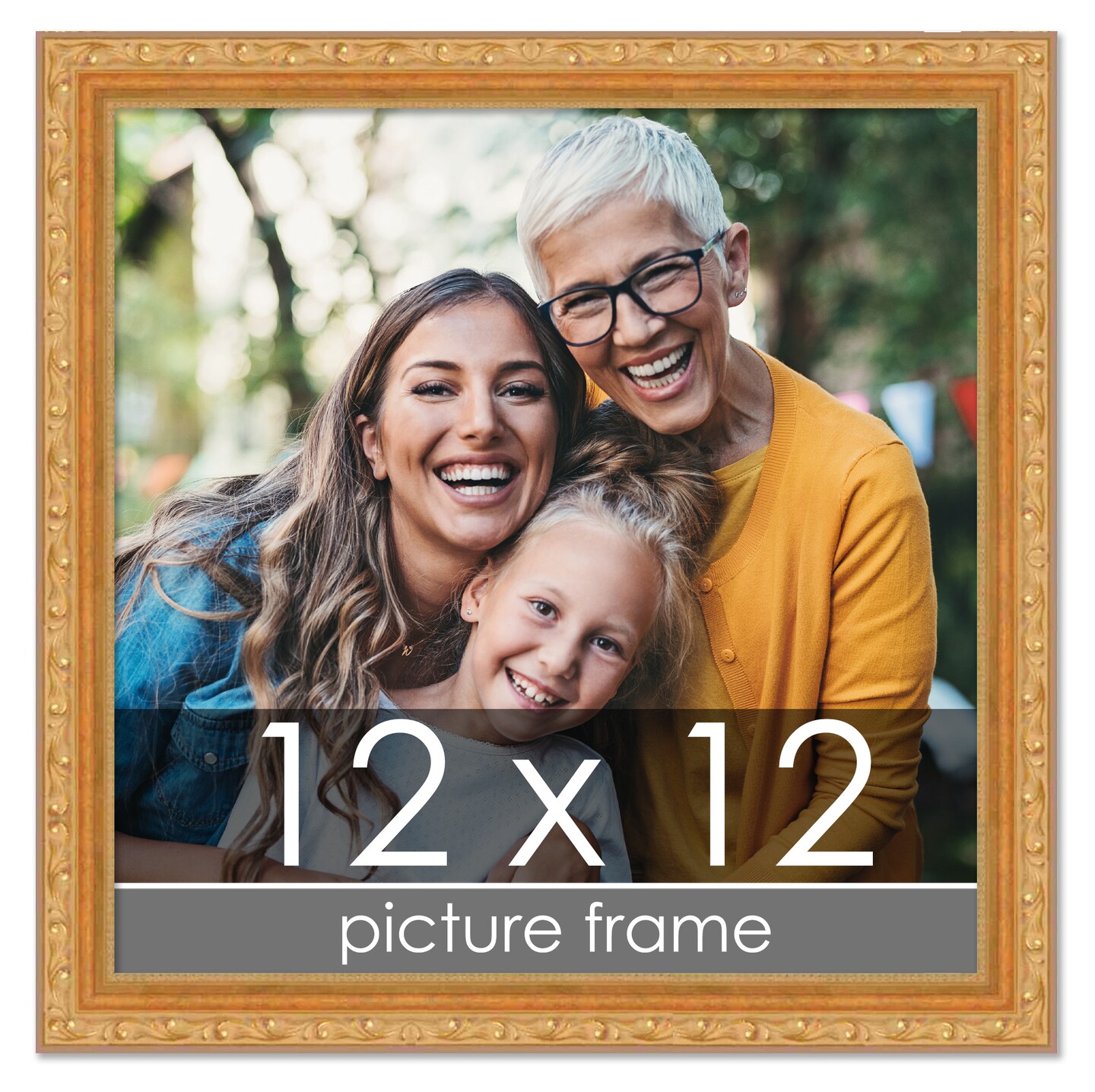 12x12 Solid Wood Antique Picture Frame with UV-Resistant Acrylic &#x26; Acid-Free Backing, Available in 4 Finishes: Bronze, Gold, Silver, and Gold with Black