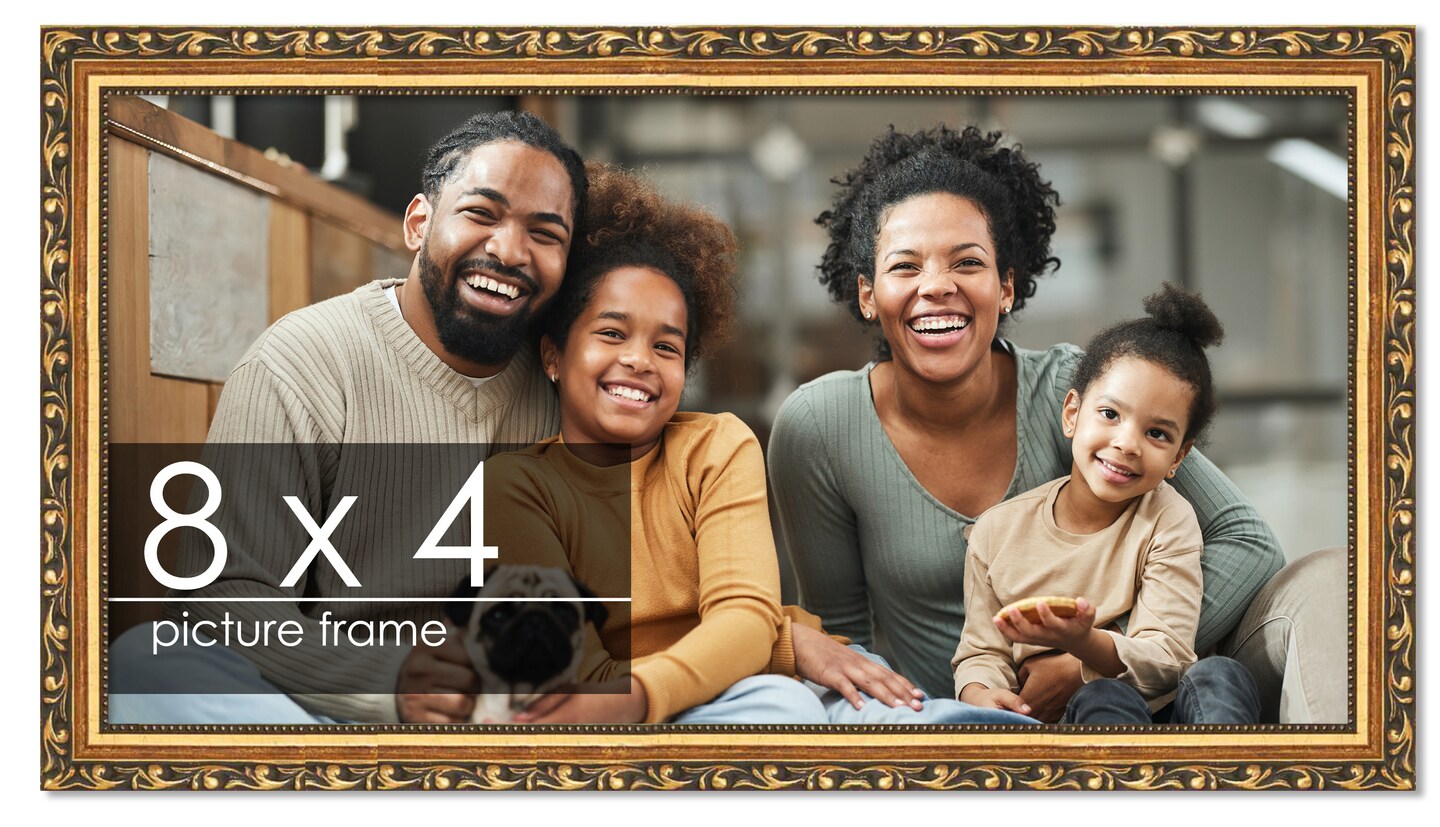 8x4 Solid Wood Antique Picture Frame with UV-Resistant Acrylic & Acid-Free Backing, Available in 4 Finishes: Bronze, Gold, Silver, and Gold with Black