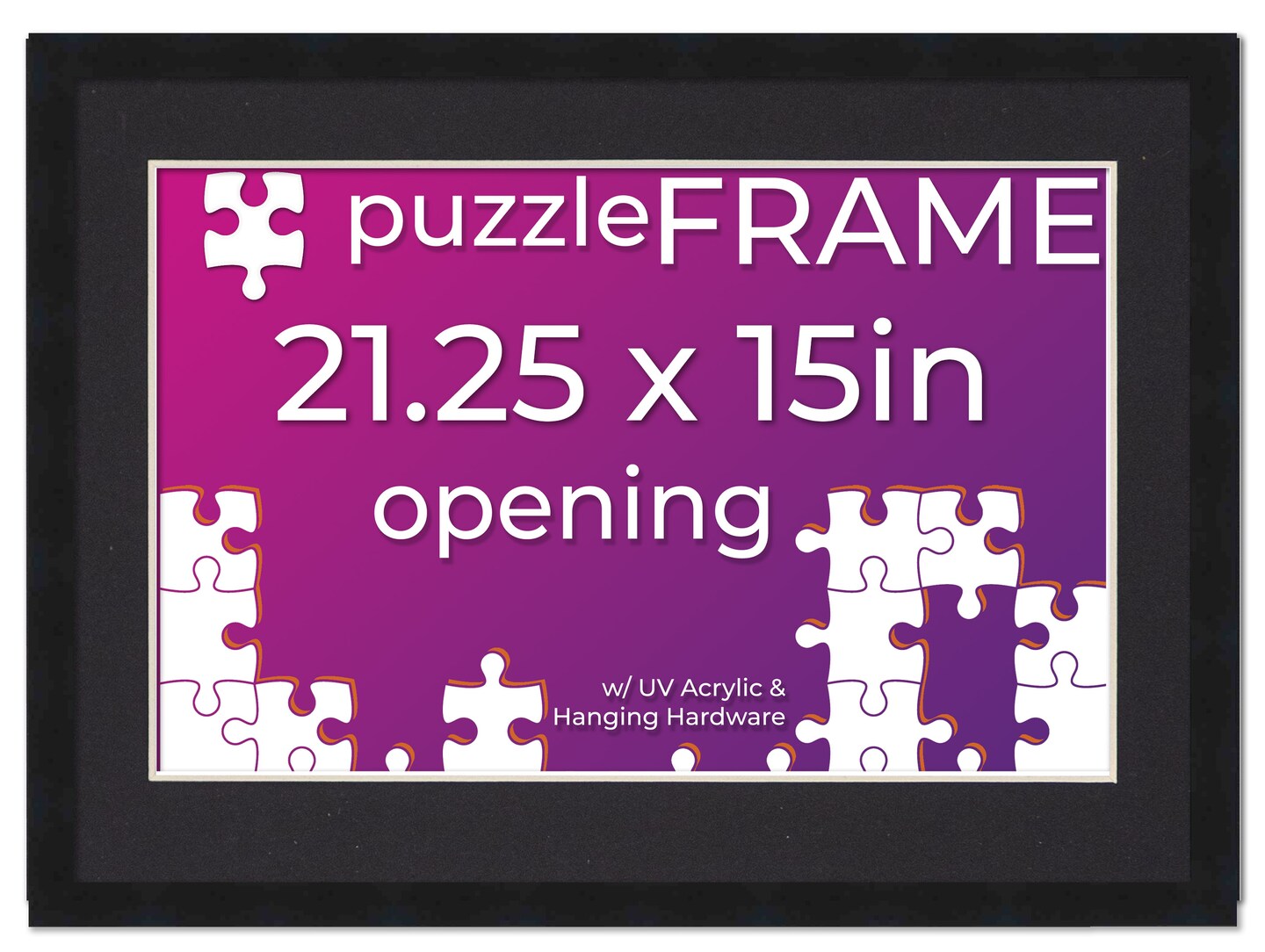 Black Wood Puzzle Frame Kit with Glue Sheets, Black Mat, Backing, UV Acrylic - Available in 20 Popular Sizes