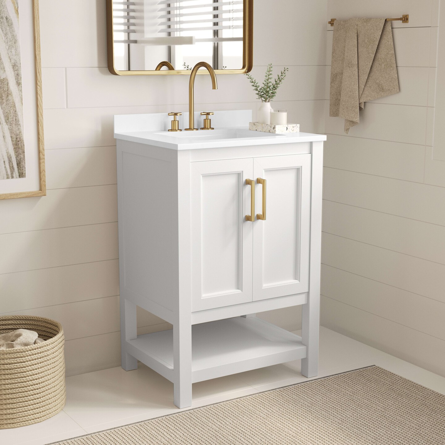 Merrick Lane Vigo Bathroom Vanity with Ceramic Sink, Carrara Marble Finish Countertop, Storage Cabinet with Soft Close Doors and Open Shelf