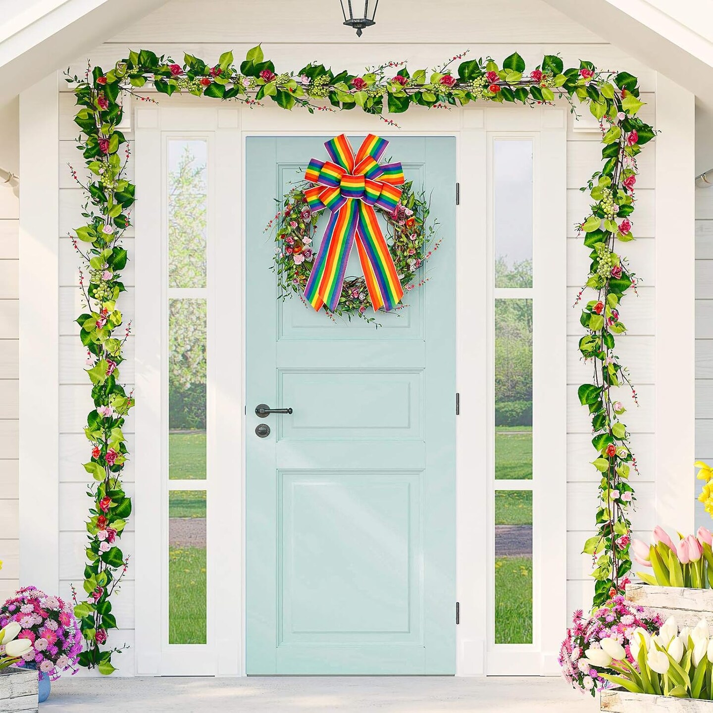 2Pcs Large Rainbow Wreath Bow Colorful Holiday Decorative Ribbon Bow Gay Pride Day Wreath Bow Ornament