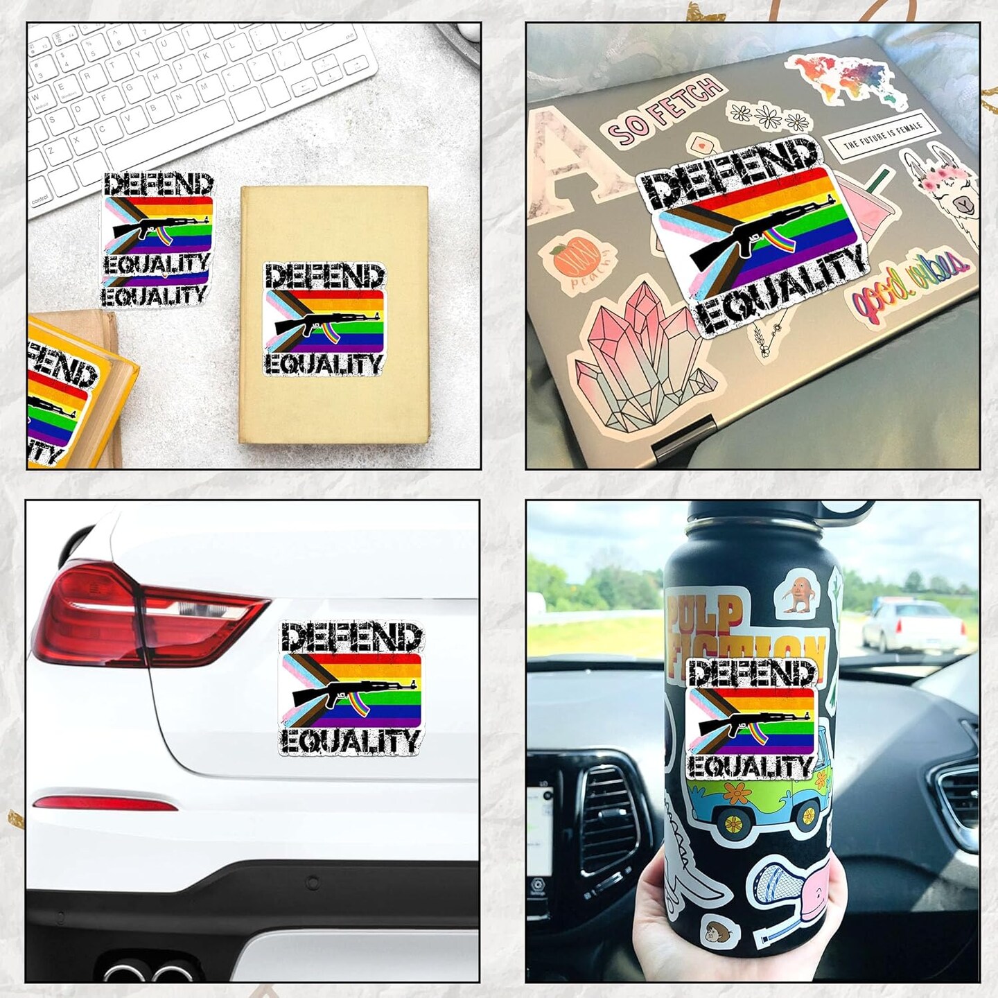 Set 3PCS 3 Inches - Defend Equality Sticker Funny Gun Stickers Progress Pride Flag and Rifle Waterproof Vinyl Decal for Water Bottles Tumbler Laptop Hard Hat Car, Trending Gifts for Women Men