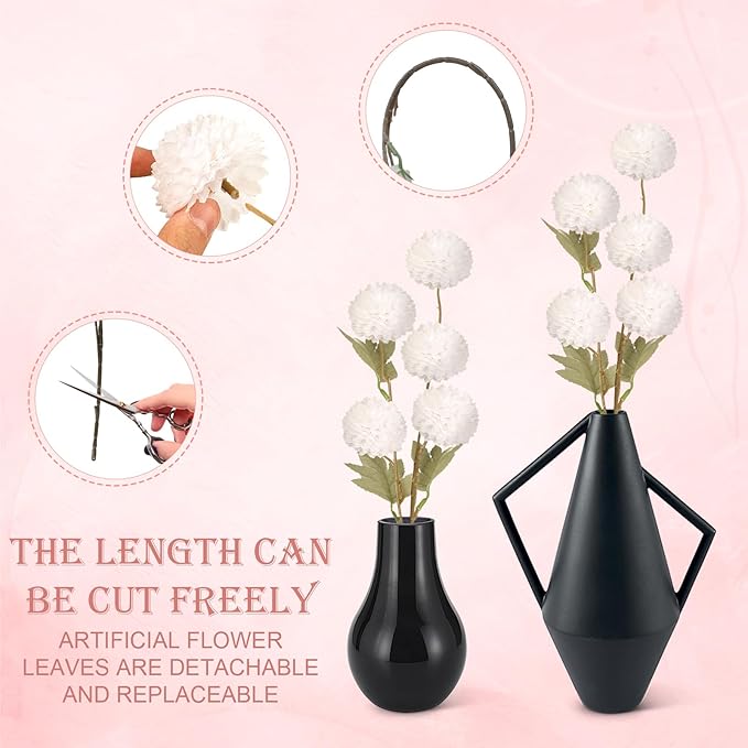 Artificial Flowers 12pcs Ball Chrysanthemums for Weddings Silk with Stemsdiy Champagne Bouquets Indoor and Outdoor Decoration Kitchen Table Decor (White)