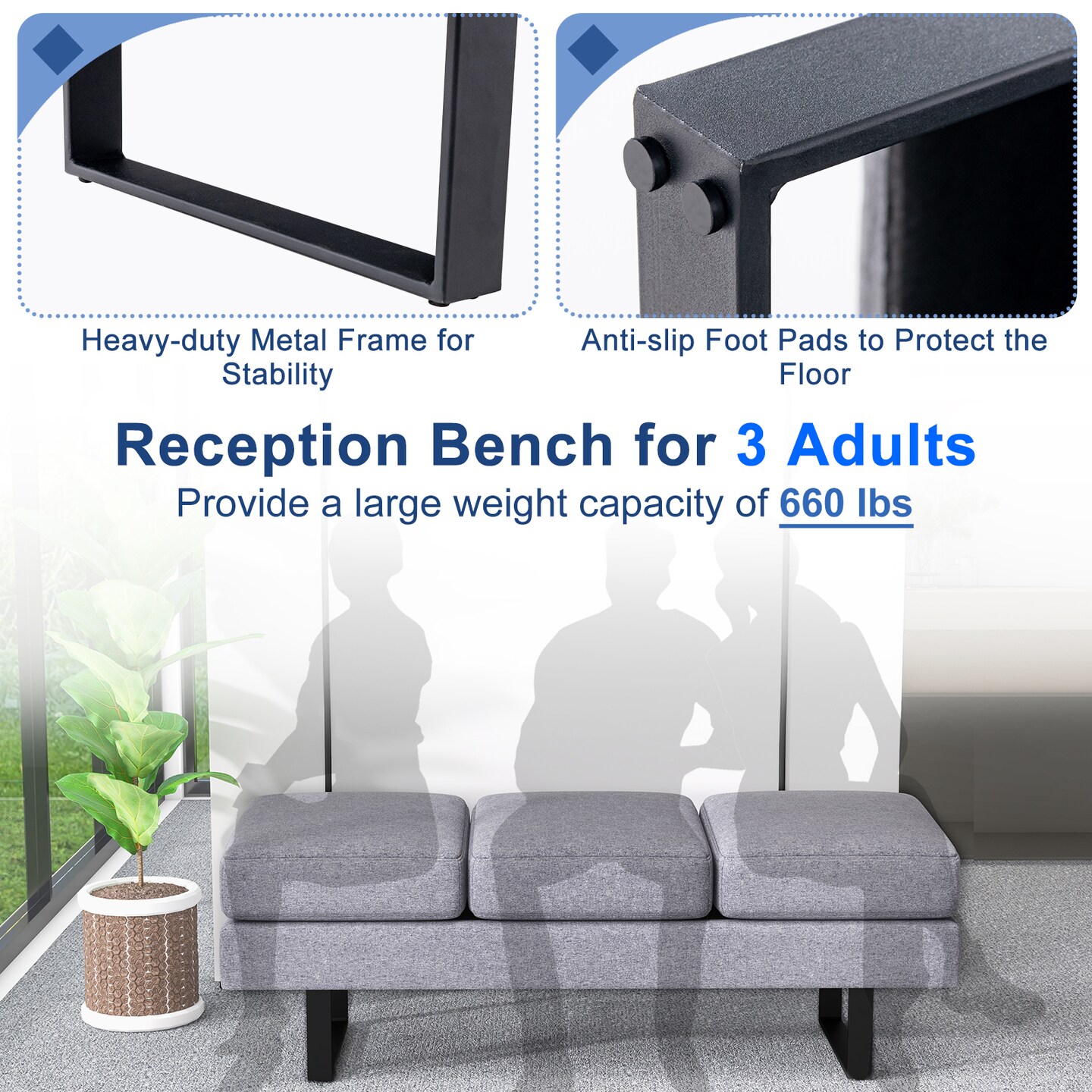 Office and Lobby Long Bench with Metal Frame for Waiting Areas