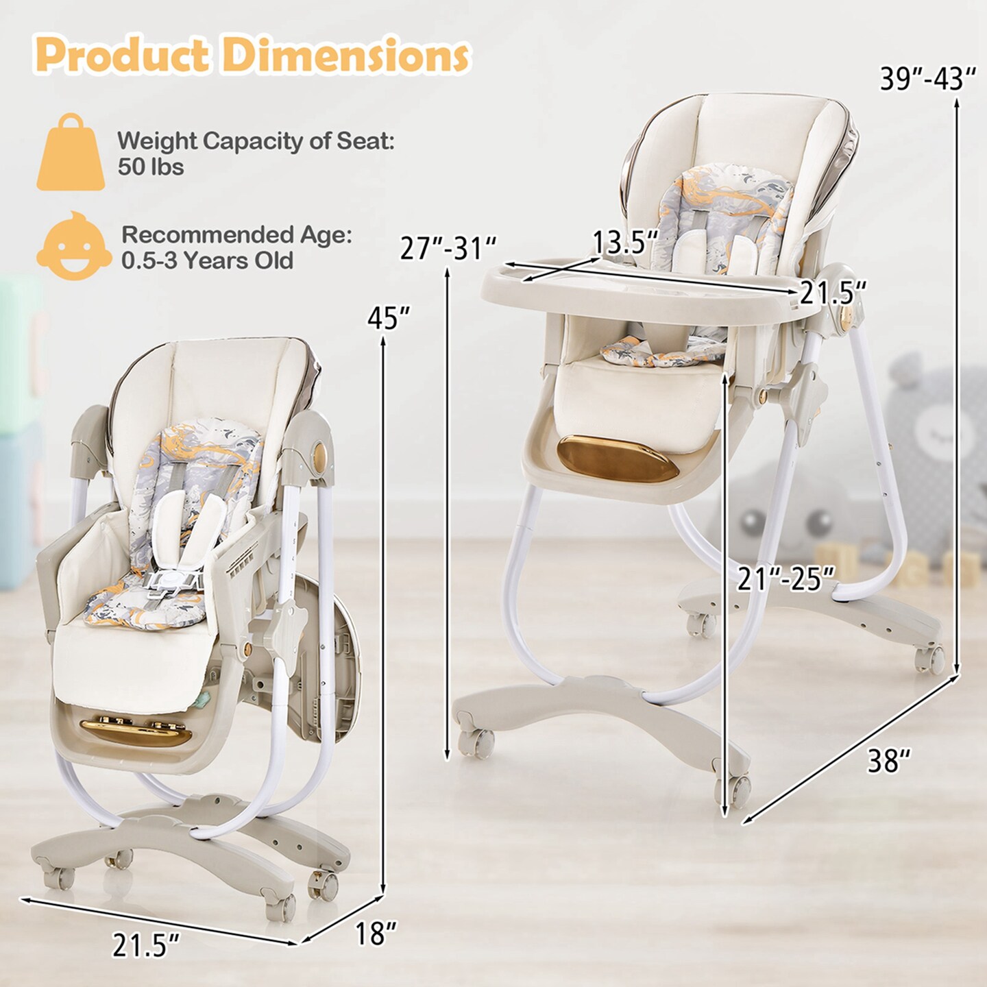 Costway Baby High Chair with Wheel Folding Baby Dining Chair Adjustable Height & Recline Grey/Black