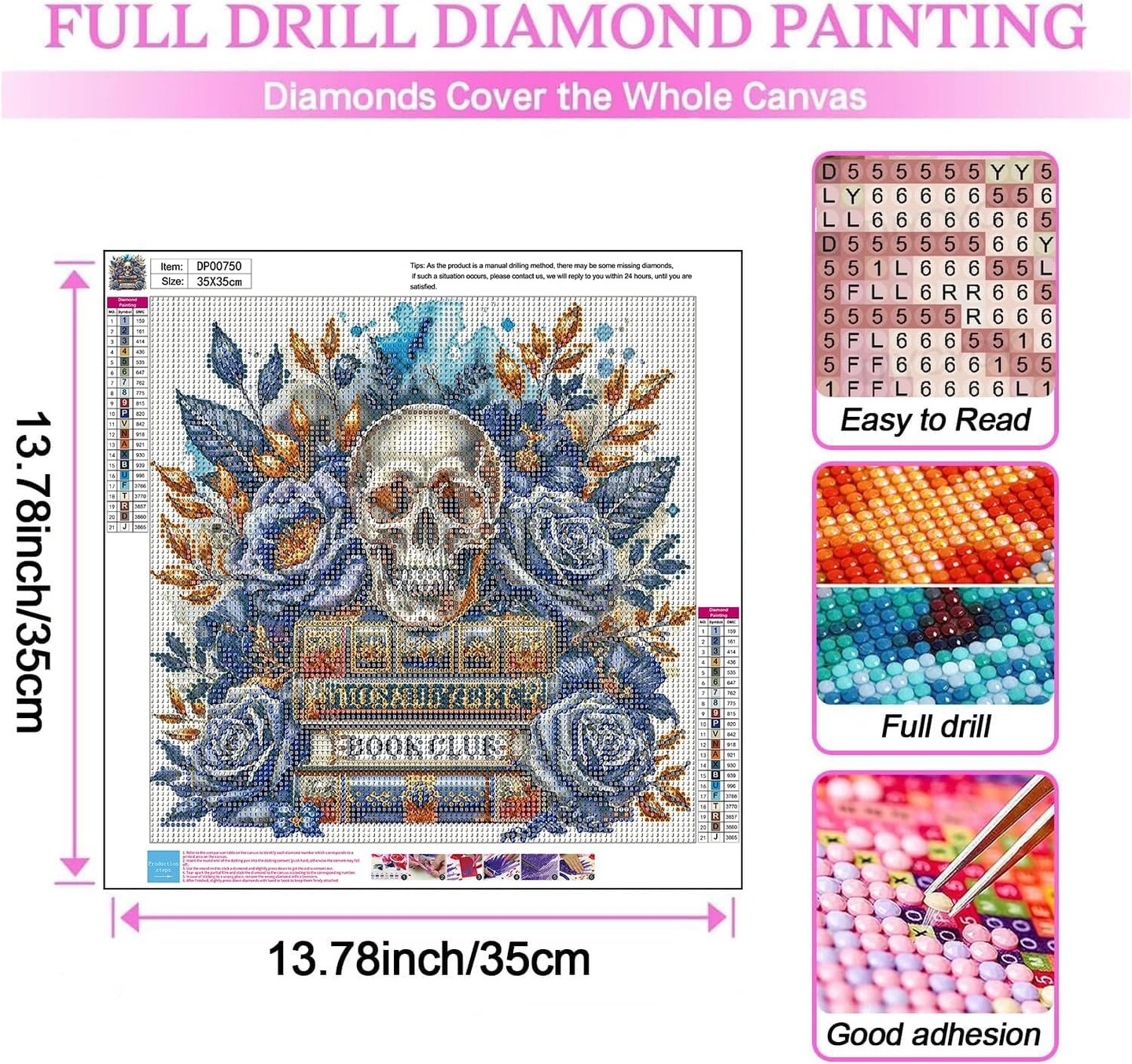 Skull Book Diamond Art Kits for Adults,5D Diamond Painting DIY Book Diamond Art Diamond Painting Kits for Adult,Round Full Drill Diamonds, Diamond Art Kits for Home Decor-14x14inch