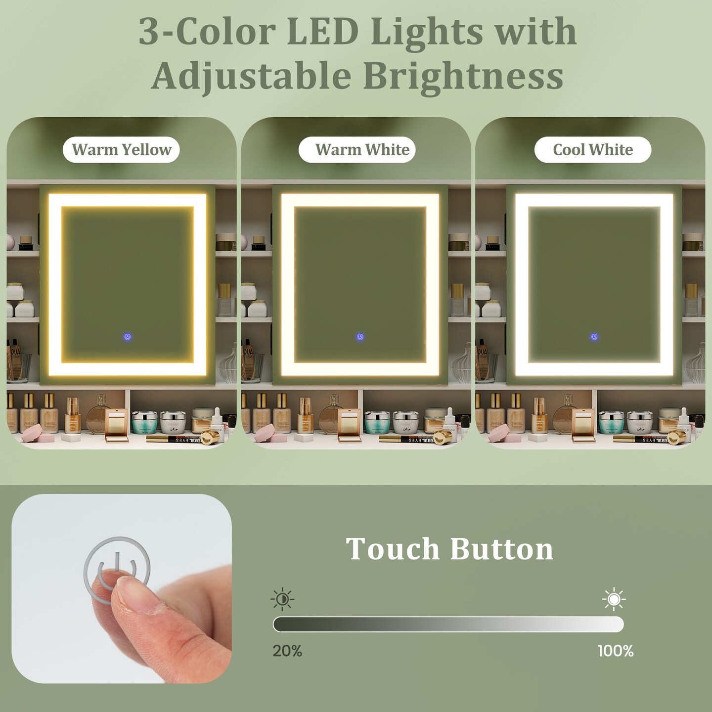 White Gold Vanity Table with Lighted Mirror Touch Control Cushioned Stool
