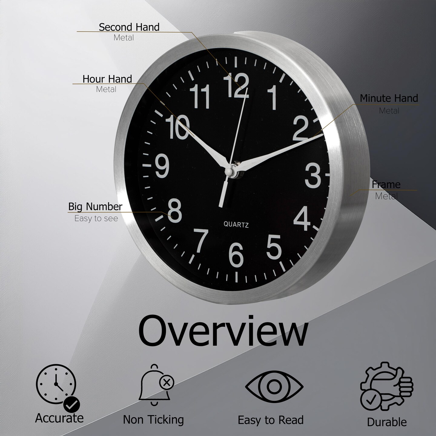 Clockswise Round Quartz Wall Clock Non-Ticking Battery Operated with Silent Sweep Movement, Aluminum Silver Frame, Perfect for Home Kitchen Office Living Room Study Hallway Classroom, Black Face
