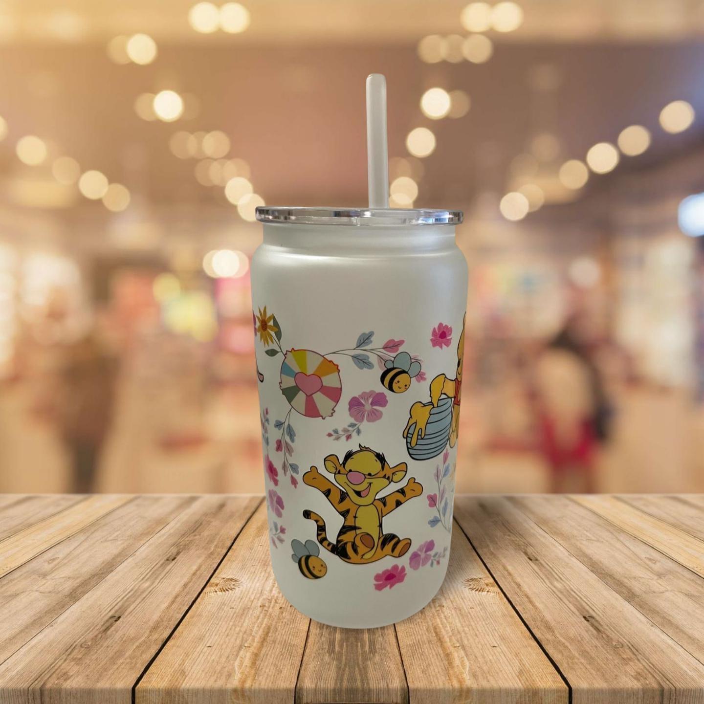 Sophisticated Sips: 16 oz Frosted Glass Can with Lid and Straw- Winnie the pooh