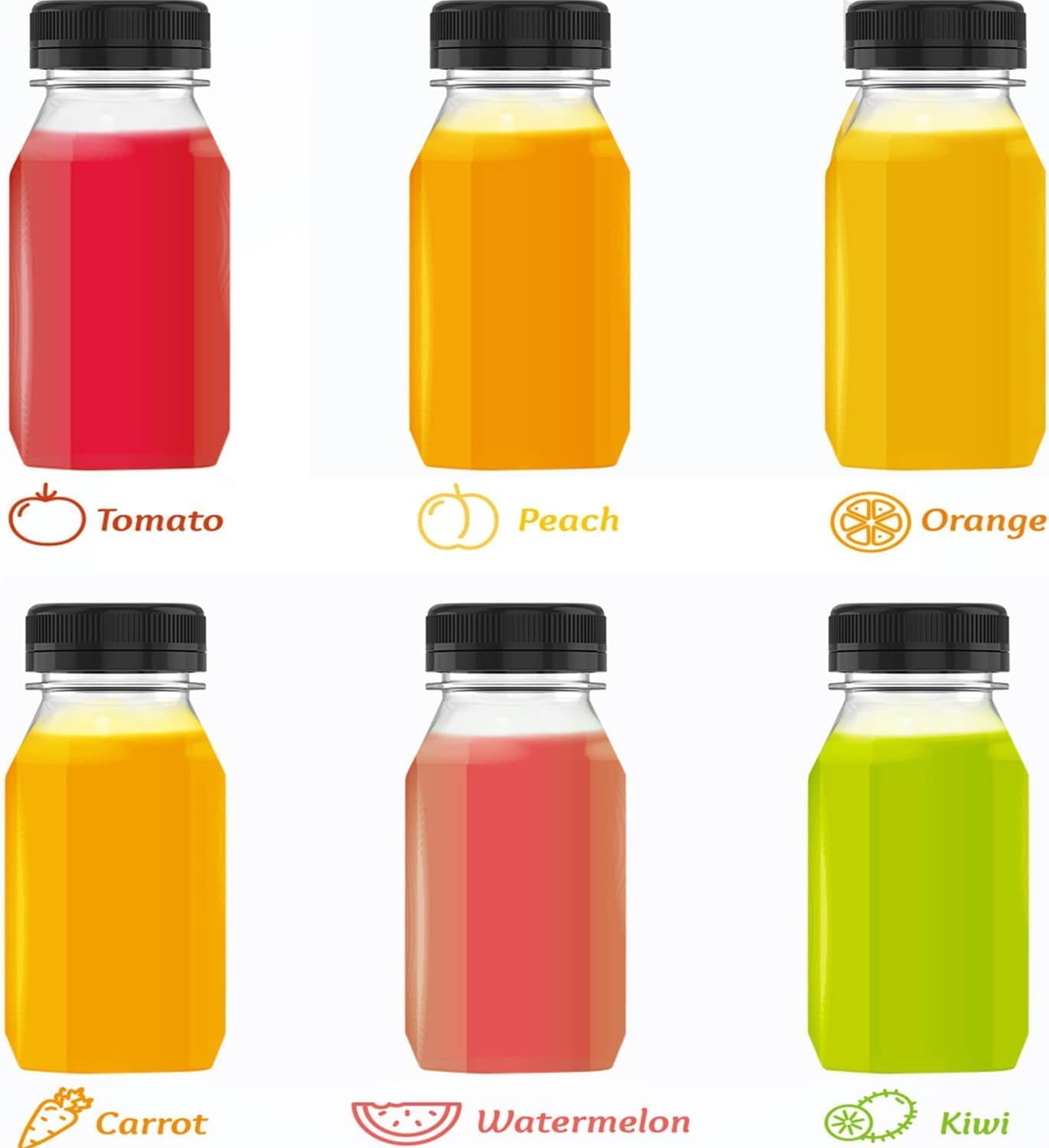 6 Ounce Plastic Juice Bottle Drink Containers 5 Pcs Juicing Bottles with Black Lids, Suitable for Juice, Smoothies, Milk and Homemade Beverages