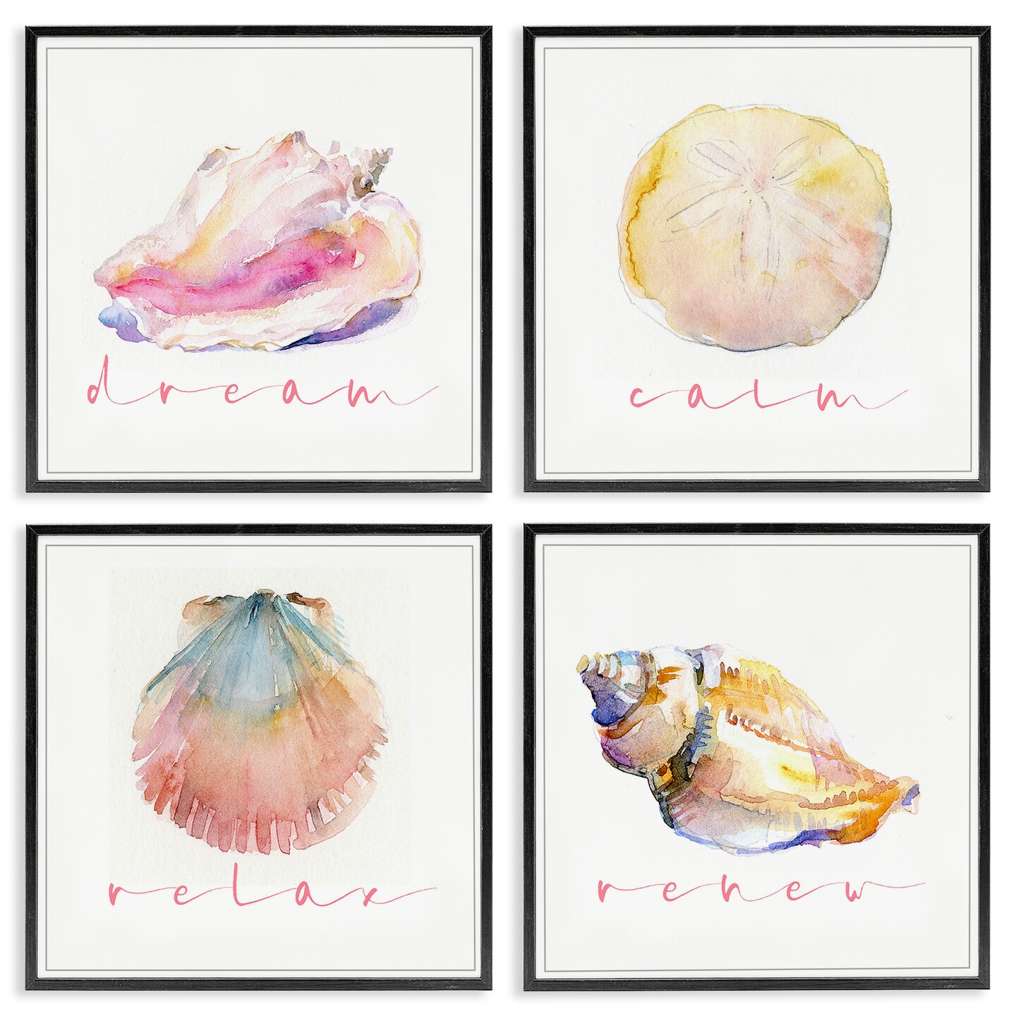 Stupell Industries Watercolor Seashells with Phrases 4 pc Framed Giclee Wall Art Set Design by John Keeling