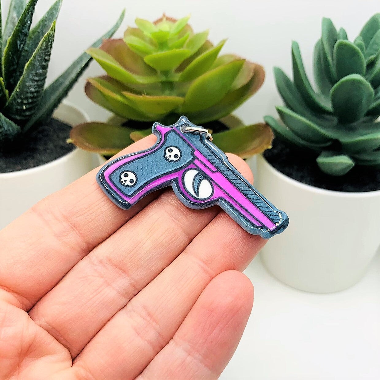 1, 4 or 20 Pieces: Pink Handgun Charm with Skull Handle - Double Sided