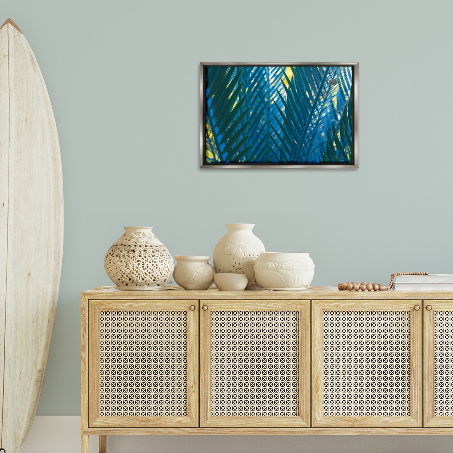 Stupell Industries Blue Palm Fronds Framed Floater Canvas Wall Art Design by Carol La Barge