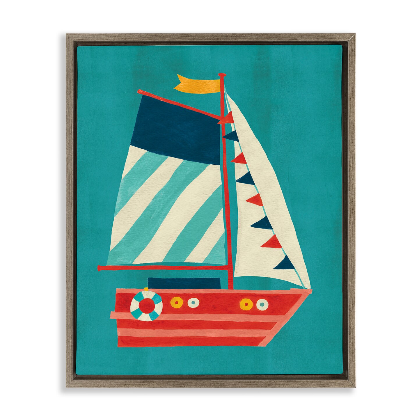 Stupell Industries Striped Sailboat on Blue Framed Floater Canvas Wall Art Design by Irene Chan