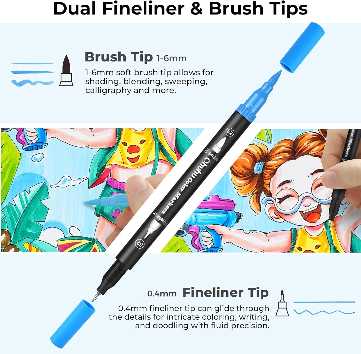 Ohuhu Water Based Markers for Adult Coloring Books: 160 Colors Brush Pens, Dual Tip Brush &#x26; Fine Drawing Pens, Coloring Markers for Calligraphy Bullet Journal with Carrying Case -Maui (White Barrel/Black Barrel)