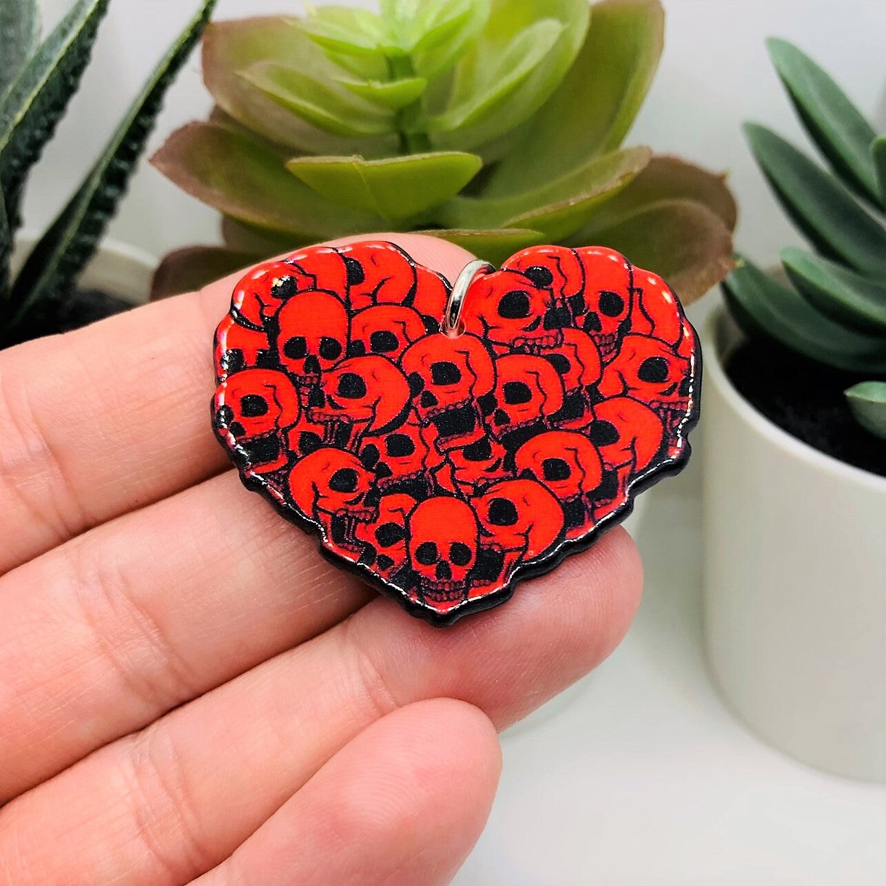 1, 4 or 20 Pieces: Red Punk Rocker Valentine&#x27;s Day Heart Charm with Skulls Charm: Double Sided