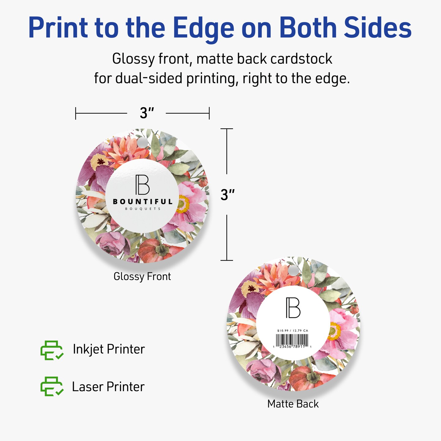 3&#x22; Diameter Round, Glossy White Printable Tags