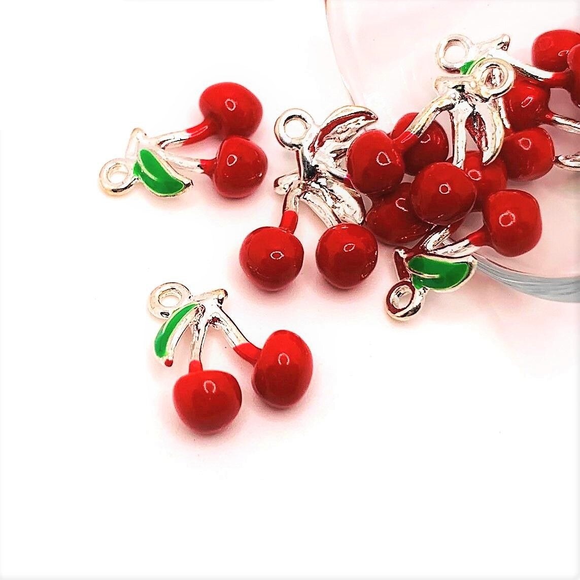 4, 20 or 50 Pieces: Red Enamel Cherry 3D Charms