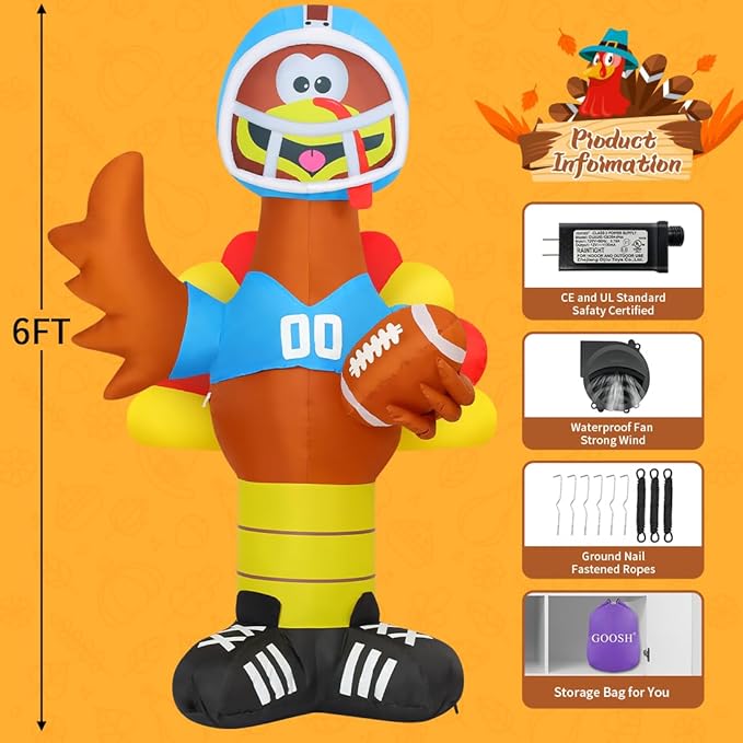GOOSH 6 FT Thanksgiving lnflatable Turkey Blow Up Yarda Turkey with a Rugby with Built-in LEDs