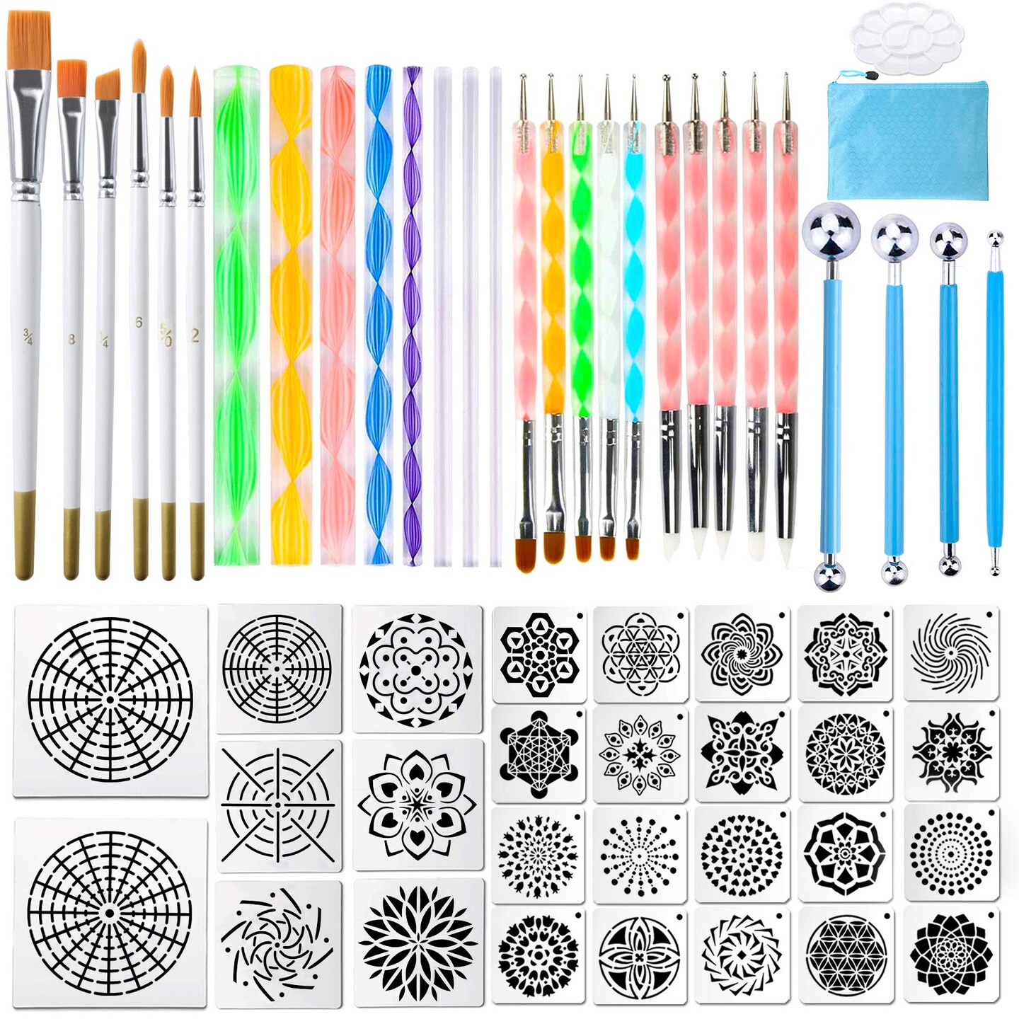 Mandala Dotting Tools, 58PCS Dot Painting Tools Set Rock Painting Supplies with a Blue Zipper Waterproof Storage Bag for Painting Rocks &#x26; Organizer Storage Tote Bag