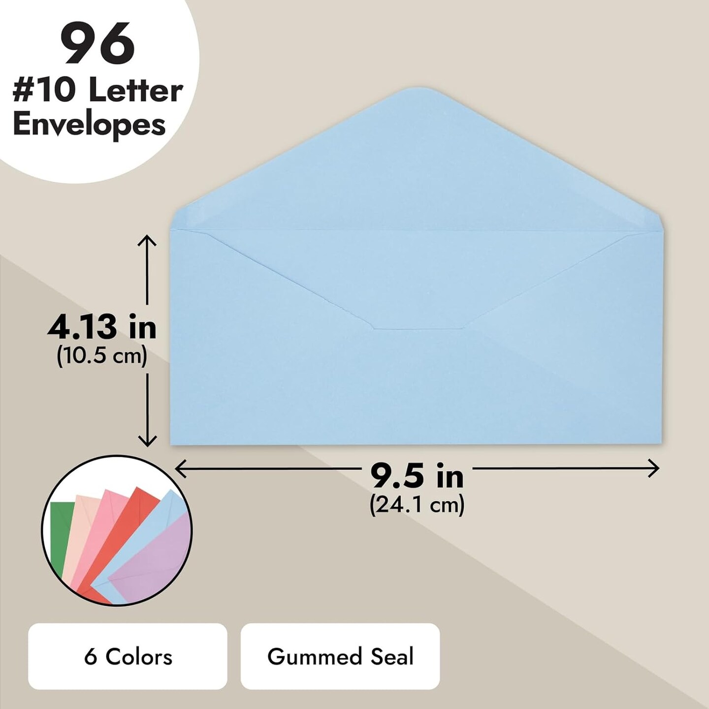96-Pack #10 Colored Business Envelopes for Checks, Invoices, Mailing Letters, Invitations, Announcements, Office Supplies, Gummed Seal, 6 Pastel Colors (4-1/8 x 9-1/2 Inch)