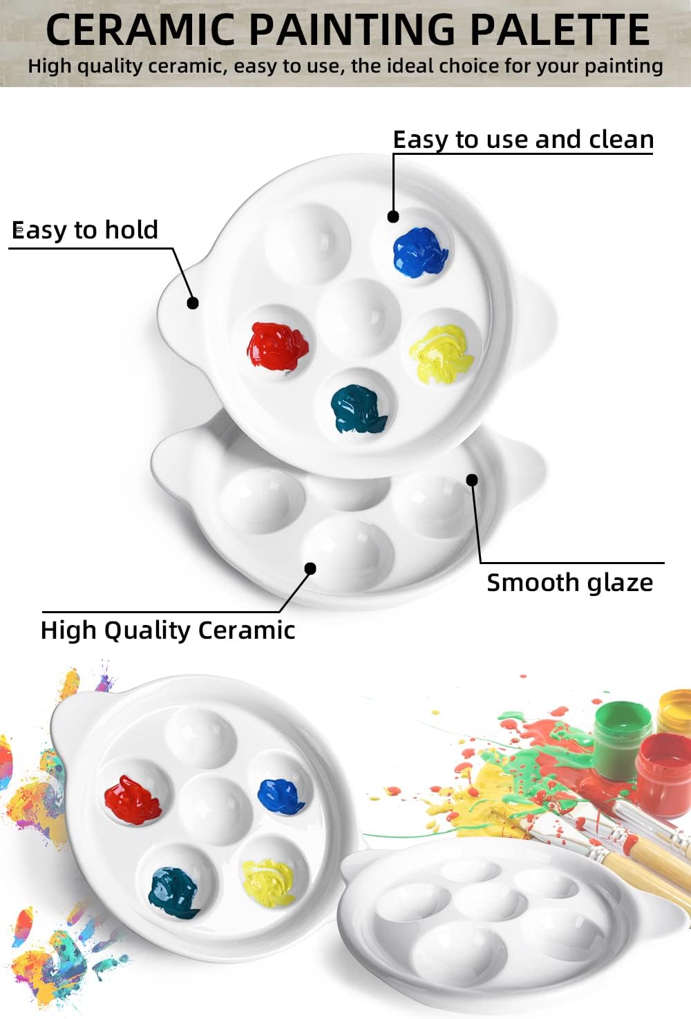Ceramic Artist Paint Palette, 6.5 Inch Watercolor Palette with 6 Holes and Handles, Mixing Tray for Gouache Painting, Tempera Painting, Easy to Clean White, 2 Pack