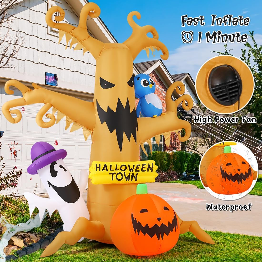 GOOSH 8 FT Halloween Inflatables Dead Tree with Owl Ghosts and Pumpkins with Built-in LED Lights