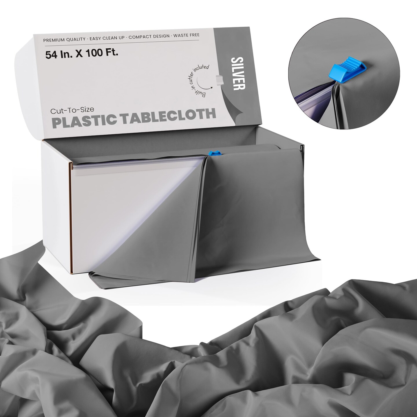 Exquisite Party Solids 54" x 100' Plastic Table Cover Roll with Slide Cutter – Cut-to-Size Dispenser Box – Makes Up to 12 Disposable 8' Rectangle Tablecloths