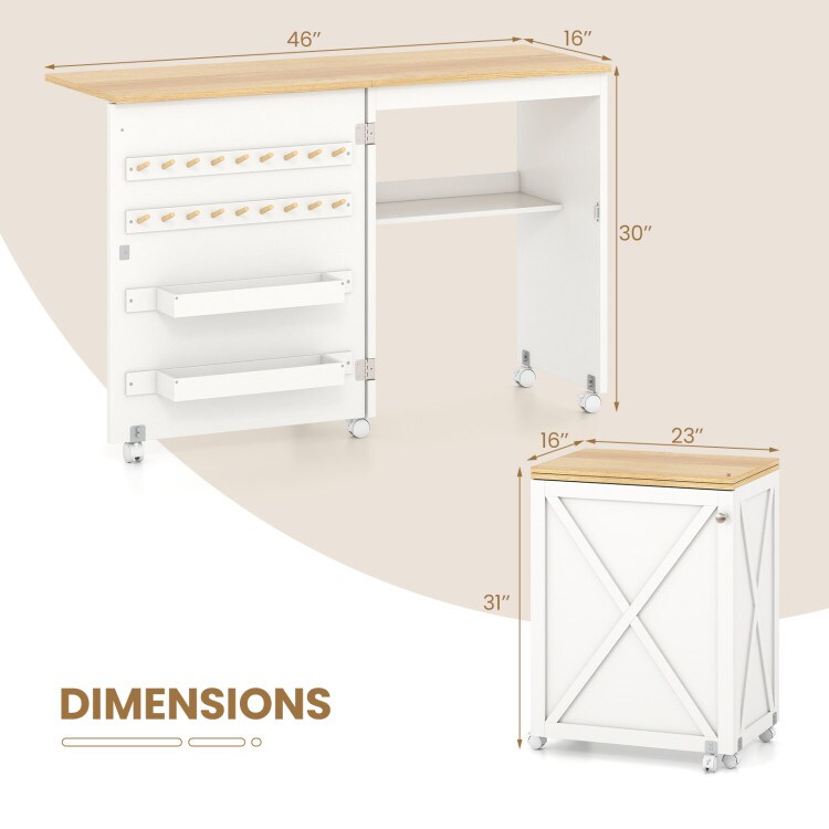 Natural - White Folding Sewing Table with Storage Shelf and 5 Lockable Wheels