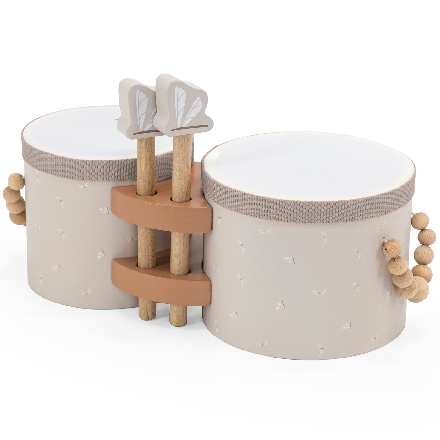 Label Label: Wooden Bongos - Tan - Musical Instrument Toy, 2 Dragonfly-Shaped Drum Sticks, Carry Handles, Develops Creativity, Toddler & Kids Ages 2+