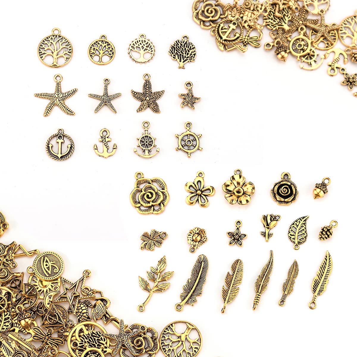 200Pcs Tibetan Antique Gold Charm Mixed Pendants DIY for Bracelet Necklace Jewelry Making and Crafting