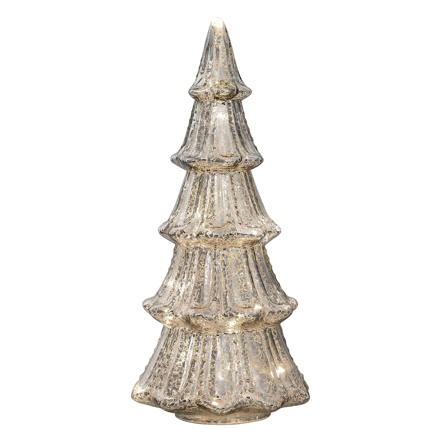 Haute Decor 14 Inch Battery Operated Lighted Mercury Glass Silver Christmas Tree with Built-in Timer and 20 Warm White LED Lights