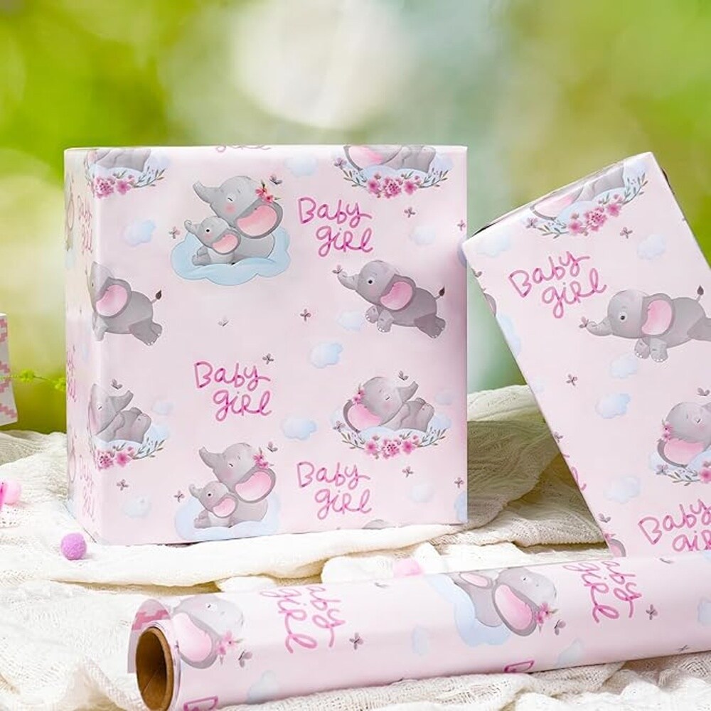 LaRibbons 17&#x22; X 33&#x27; Reversible Wrapping Paper | Baby Elephant w/ Quilted Back