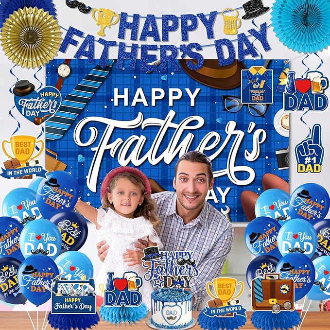 Happy Father's Day Decorations Set - Fathers Day Banner, Backdrop, Balloons, Honeycombs, Hanging Swirls, Cake Topper, Pom Poms and Paper Fans for Best Dad Father's Birthday Party Supplies