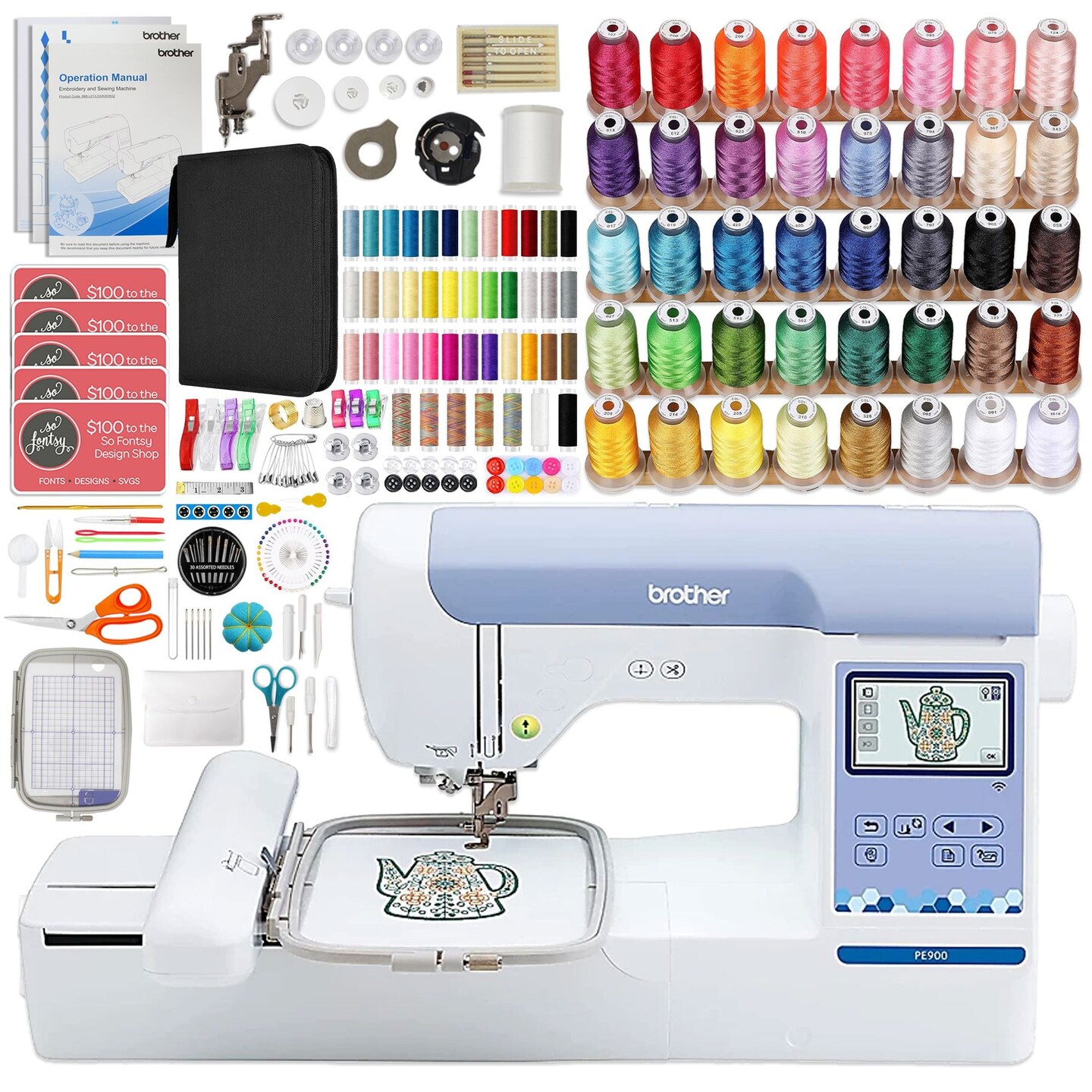 Brother PE900 5&#x22; x 7&#x22; Embroidery Machine Bundle with 250+ Accessories